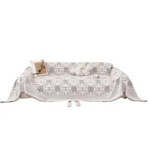 New Chinese style white sofa cover with brown auspicious cloud patterns and fringe