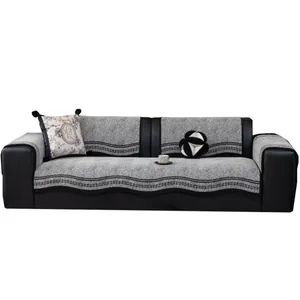 Luxury grey and black chenille sofa cover set with woven texture and wavy borders