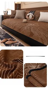 Detail of brown chenille sofa cover showing abstract wave texture and premium knit fabric