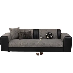 Modern French chenille sofa cover set with abstract grey ripples for 3-seater couch