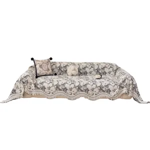 French vintage floral sofa cover with tassel edges and garden decorative pillow
