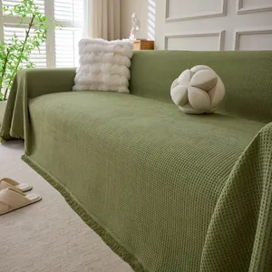 Solid Color Chenille Waffle Sofa Cover Minimalist Couch Protector Blanket With Tassel Fringe Soft Dustproof Furniture Cover For Living Room Home Decor
