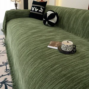 Vintage Chenille Sofa Towel Anti Cat Scratch Solid Color Sofa Cover With Tassel Stripe Texture All Season Furniture Protector