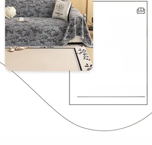 Detailed close-up of grey marble texture chenille sofa cover with decorative fringe edges