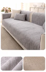 Close-up of grey chenille sofa cushion with non-slip silicone backing and vertical texture