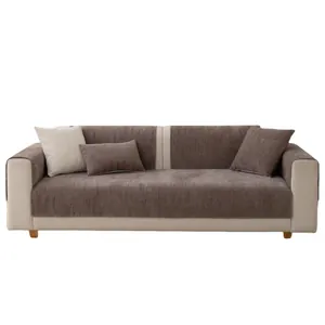 Housse de canapé universelle en chenille antidérapante avec jacquard à rayures marron et beige