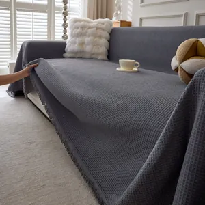 Chenille Waffle Sofa Cover Tassel Edge Solid Color Decorative Couch Protector Simple Style Household Throw Blanket