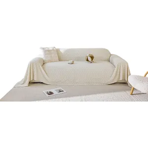 Soft cream white waffle textured sofa cover blanket for living room furniture protection