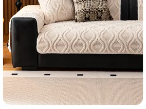 Detailed view of cream plush sofa cover featuring thick 3D wave relief jacquard texture