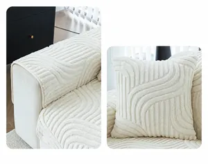 Close-up of white plush sofa cover with unique fox-tail textured fabric and thick fleece