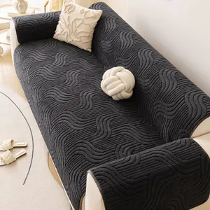 Funda de sofá de felpa gruesa gris oscuro con textura ondulada antideslizante suave