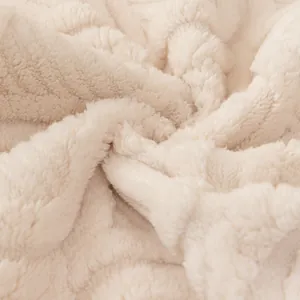 Plush thickened warm sofa cover with 3D wave texture in cream beige soft fleece fabric