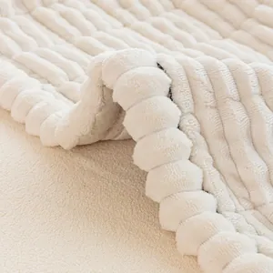 Plush cream bay window mat with thick striped velvet texture for bedroom and balcony comfort