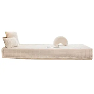 Thick cream plush bay window mat with striped quilting and matching pillows set
