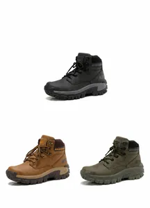Three-color display of outdoor hiking boots in black, brown, and army green options