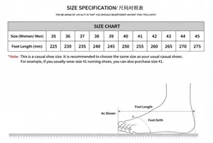 Size chart showing footwear measurements from 35 to 45 for outdoor hiking shoes