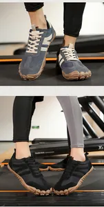 Close-up of breathable barefoot shoes with anti-slip rubber soles on a treadmill