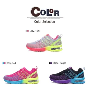 Detailed comparison of breathable knit running shoes with colorful gradient air cushion soles