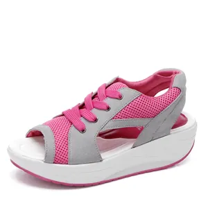 Sandali con zeppa da donna rosa e grigi con mesh traspirante e design stringato