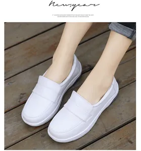 On-feet view of white leather slip-on nurse shoes with soft air cushion soles and comfort fit