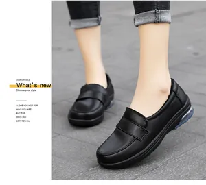 Detail of black matte leather slip-on shoes with cushioned sole and comfort walking design