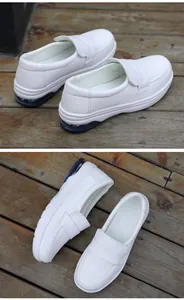 Detailed view of white nurse shoes with blue transparent air cushion heel for comfort