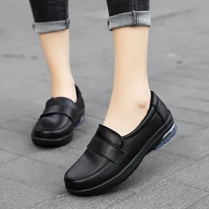 Women's black leather air cushion loafers with non-slip soft soles and casual slip-on design