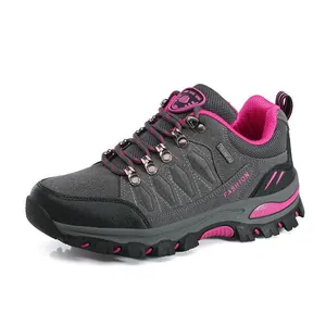 Women's outdoor high-top hiking shoes in dark grey and pink with anti-slip soles