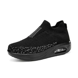 Women's black breathable knit walking shoes with thick air cushion sole and slip-on style