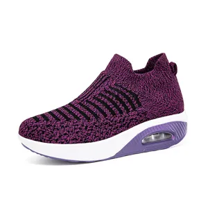Women's breathable purple knit walking shoes with thick air cushion platform sole
