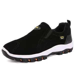 Men's black nubuck leather slip-on hiking shoes with non-slip sole and elastic bands