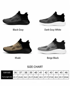 Size chart for breathable flyknit sneakers showing measurements from size 36 to 46