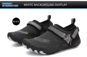 Detail of breathable grey water shoes with adjustable straps and non-slip rubber soles