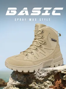 Detail of high-top tactical outdoor boot with breathable mesh and anti-slip rubber sole