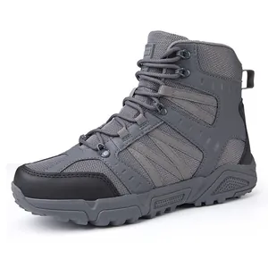 Men's grey tactical hiking boots with high-top design and durable rubber sole