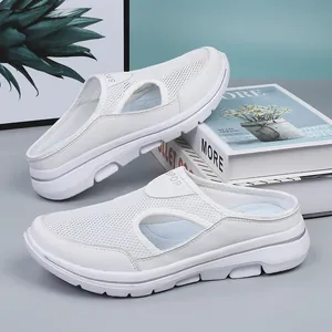 White breathable mesh platform mules for men and women with slip-on sporty design