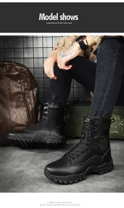 Detailed view of high-top tactical boots with side zipper and rugged outdoor backpack