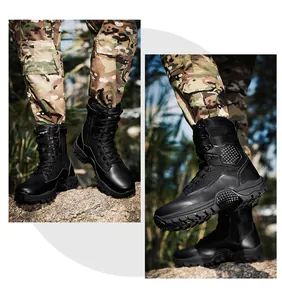 Macro view of black tactical boots with side zipper and rugged anti-slip rubber sole