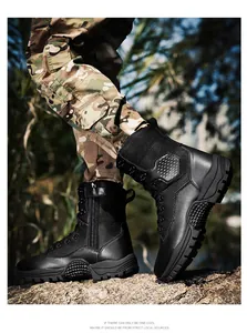 Detail of breathable high-top tactical boots with side zipper and rugged rubber sole