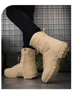 Detail of sand tactical boots with side zipper, suede panels, and non-slip rubber soles