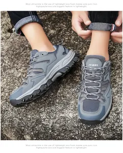 Macro view of grey hiking shoe showing breathable mesh and durable non-slip rubber sole