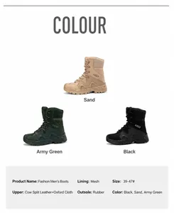 Detail of high-top tactical boots in cow suede and oxford fabric showing three colors