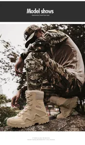 Close-up of khaki tactical boots with durable suede leather and anti-slip rubber soles