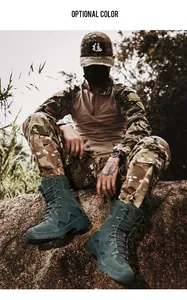 Macro shot of durable olive green tactical boots with anti-slip rubber sole and suede fabric