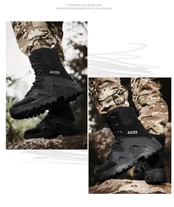 Detail of black tactical hiking boots with AS33 logo and rugged anti-slip rubber soles