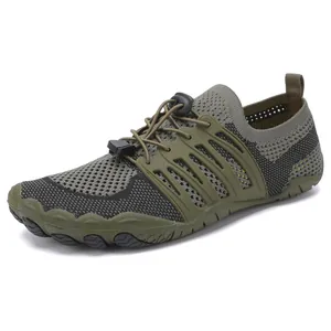 Close-up of army green amphibious water shoe with breathable mesh and quick-lace system