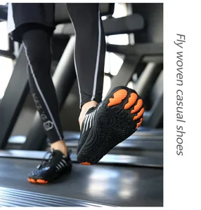 Action shot of fly woven five-finger water shoes being used on a gym treadmill