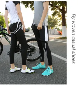 Detailed view of lightweight fly-woven outdoor water shoes in white and blue colors