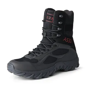 Durable high-top tactical combat boots in black with breathable mesh and anti-slip rubber sole