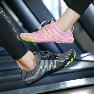 Pink and grey barefoot hiking water shoes with quick-dry mesh and non-slip rubber soles